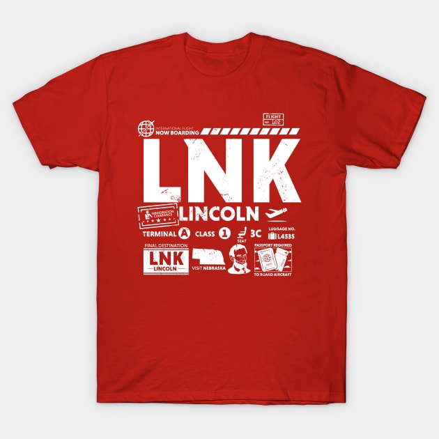 Vintage Lincoln LNK Airport Code Travel Day Retro Travel Tag Nebraska T-Shirt by Now Boarding